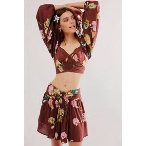 NWT Free People Dusk Til Dawn Skirt Set Long Sleeve Crop Top Floral Brown Small